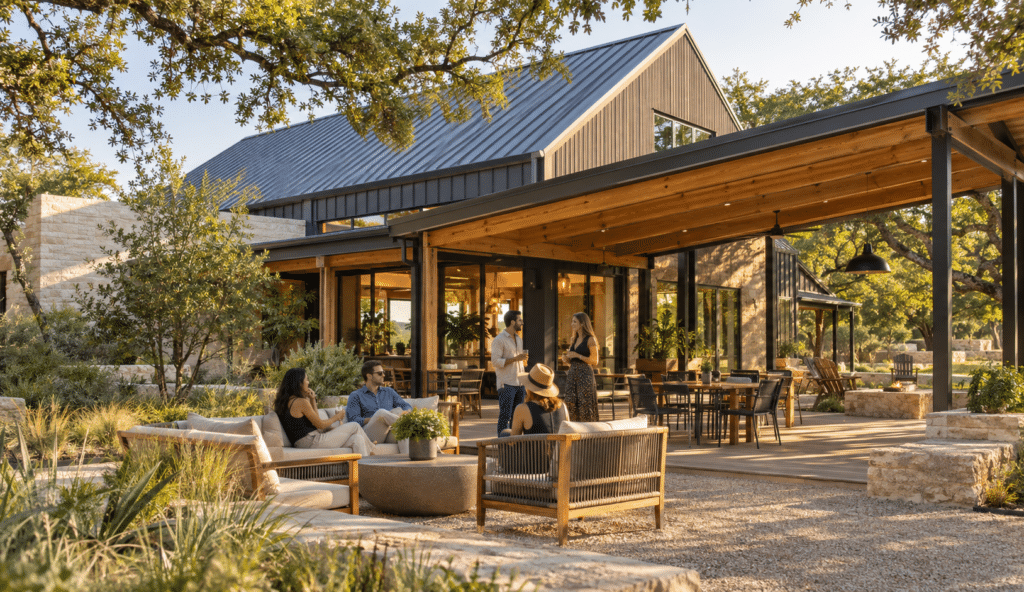 Outdoor seating at The Grove welcome center in Austin, an example of placemaking in a master-planned community