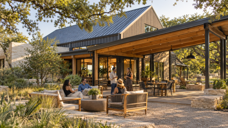 Outdoor seating at The Grove welcome center in Austin, an example of placemaking in a master-planned community
